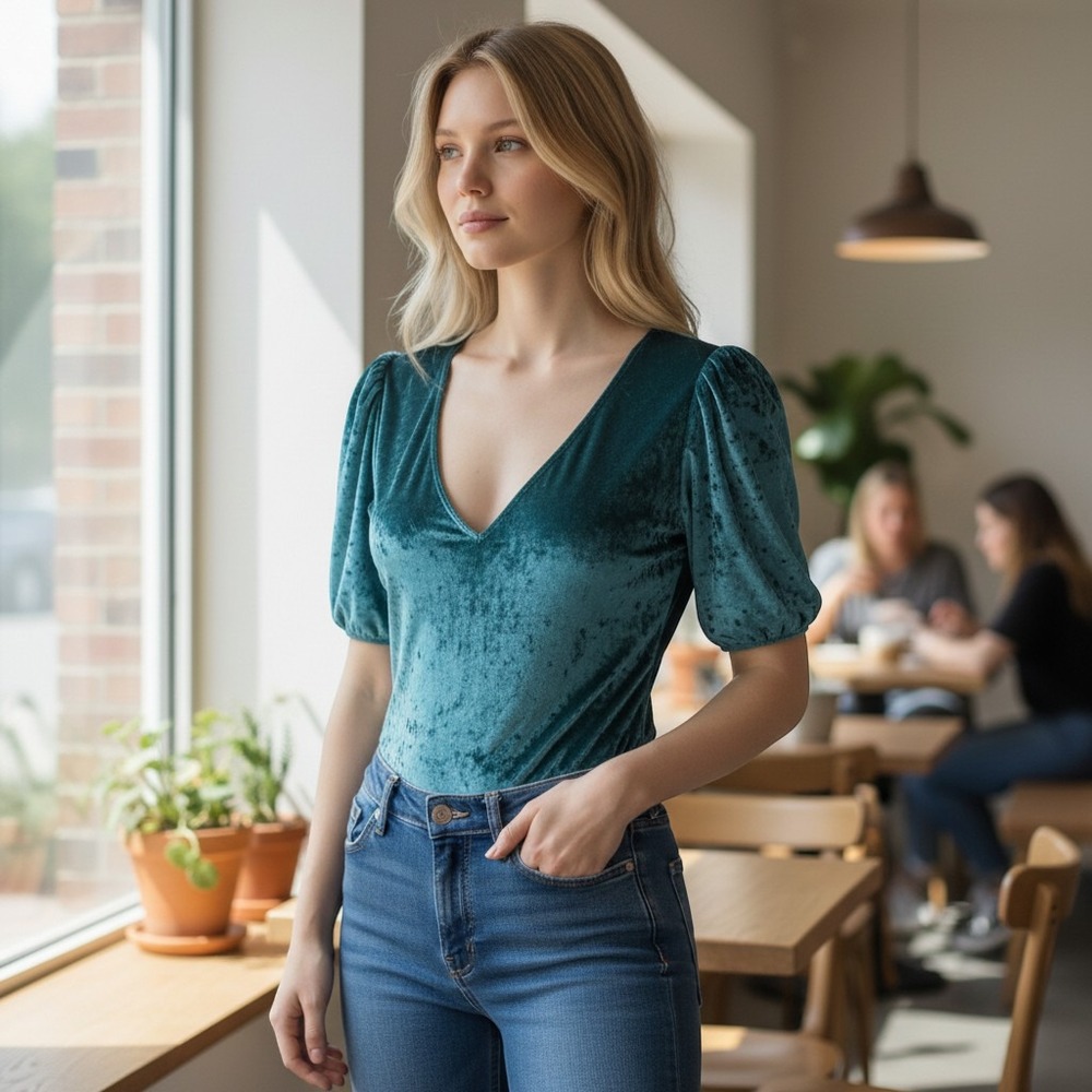 Intimately Free People Women's Teal Bodysuit Velvet Puff Sleeve Deep V-Neck M